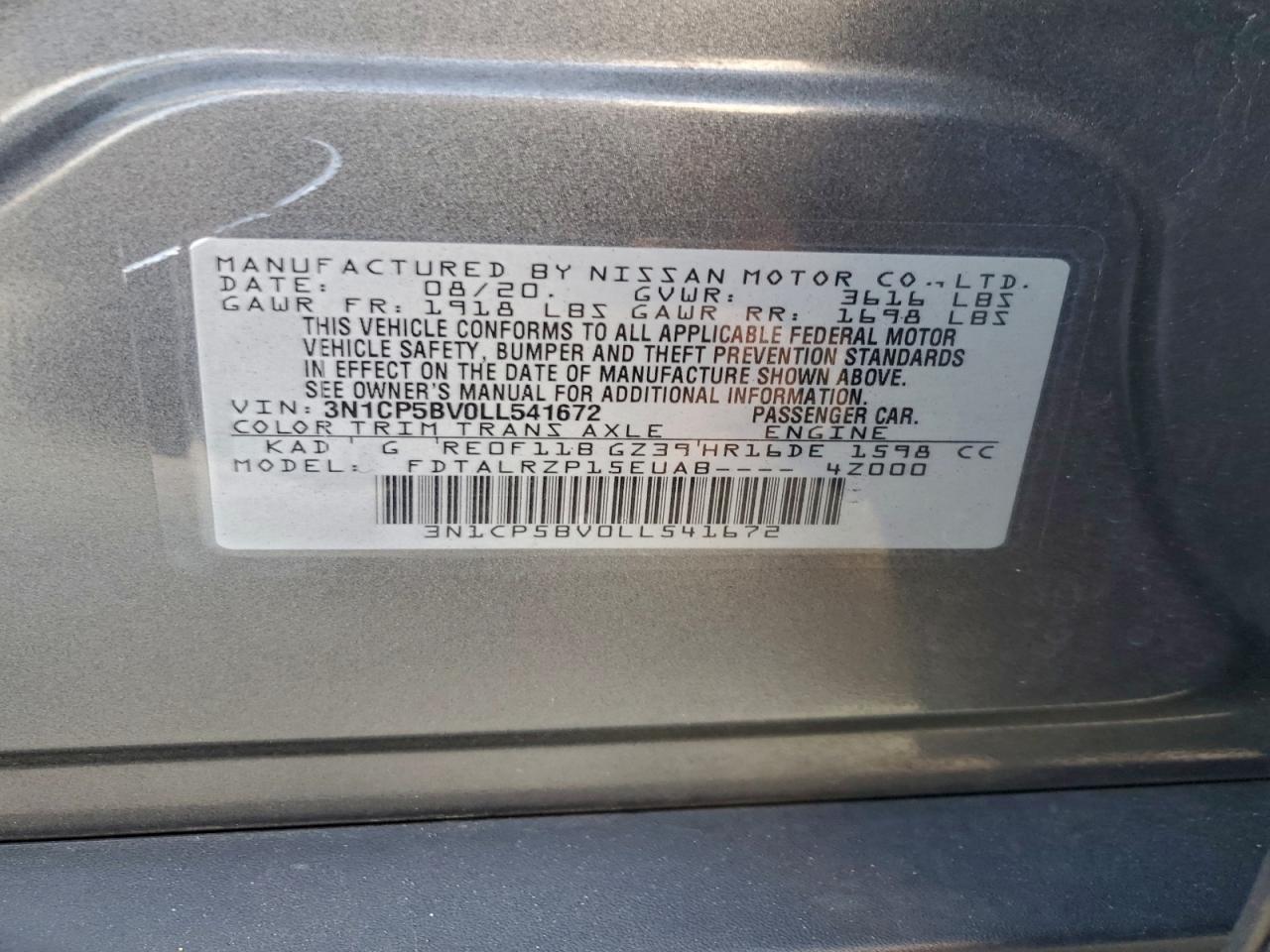 2020 Nissan Kicks S VIN: 3N1CP5BV0LL541672 Lot: 94356485