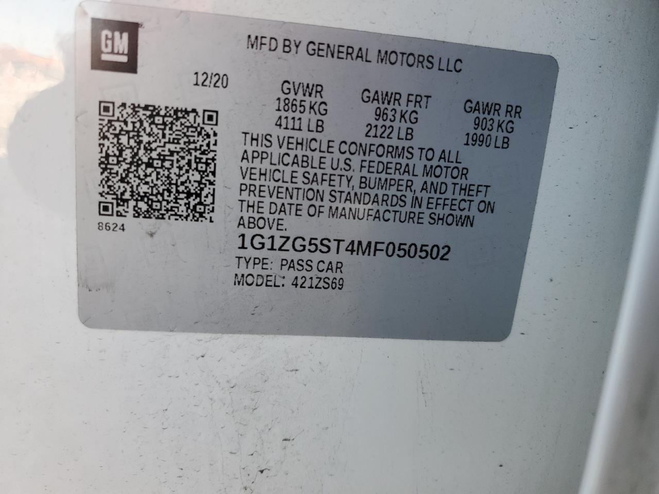 2021 Chevrolet Malibu Rs VIN: 1G1ZG5ST4MF050502 Lot: 92935665