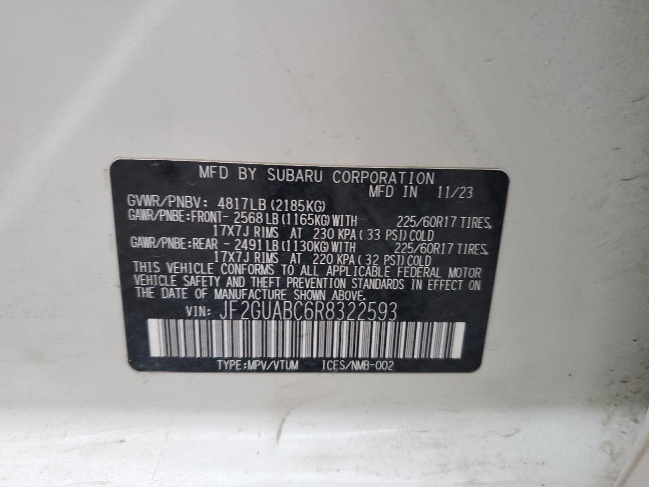 2024 Subaru Crosstrek VIN: JF2GUABC6R8322593 Lot: 91675565