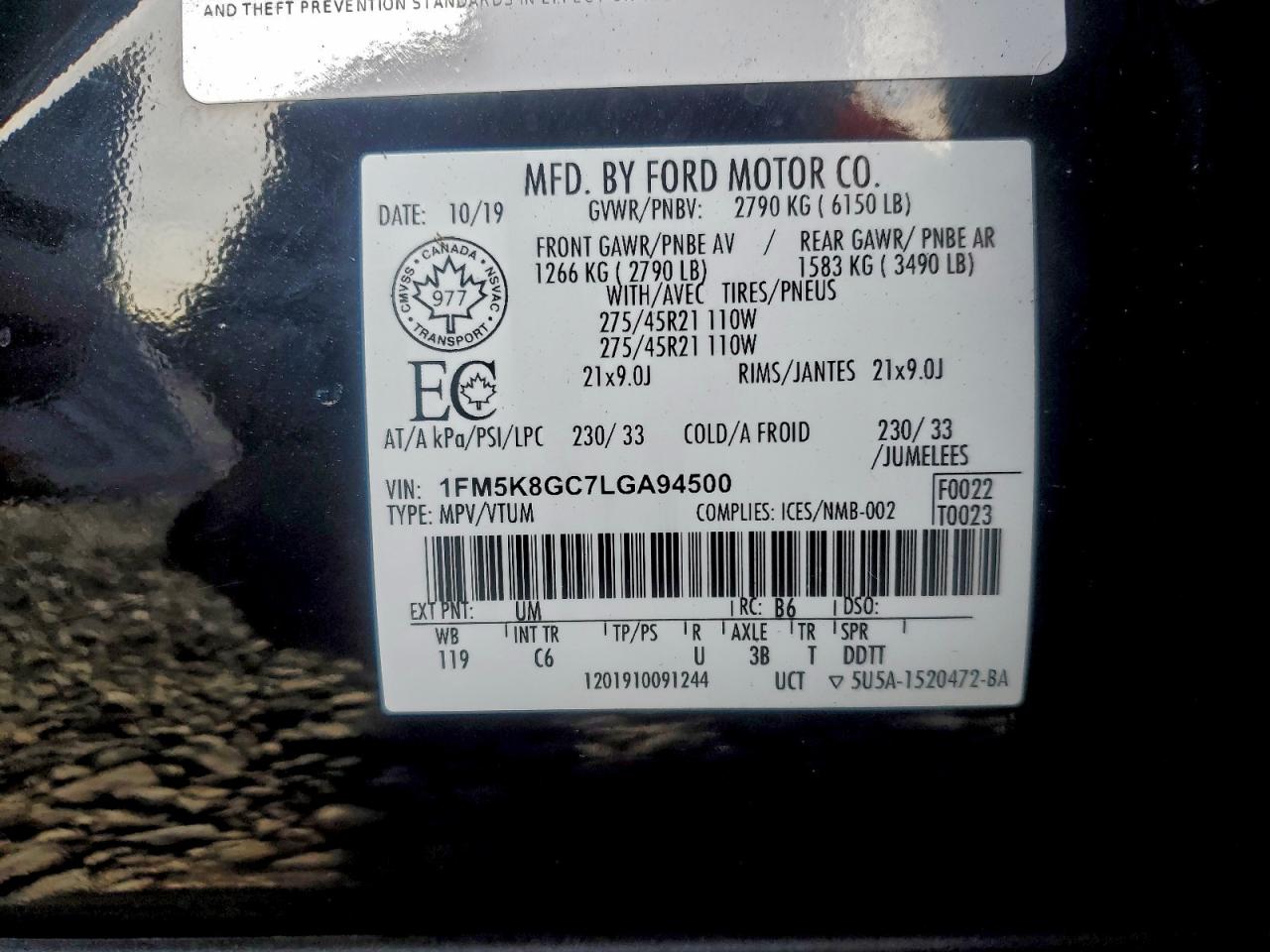 2020 Ford Explorer St VIN: 1FM5K8GC7LGA94500 Lot: 94321595