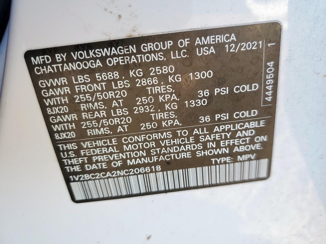 2022 Volkswagen Atlas Cross Sport Sel VIN: 1V2BC2CA2NC206618 Lot: 91690595