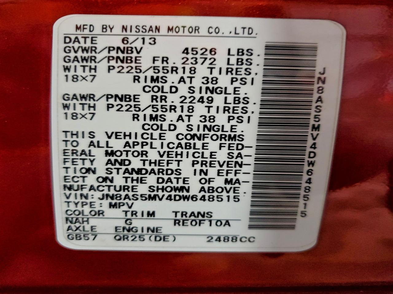 2013 Nissan Rogue S VIN: JN8AS5MV4DW648515 Lot: 93125065