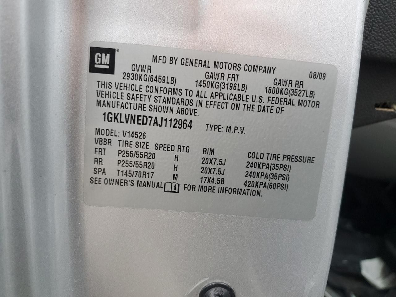 2010 GMC Acadia Slt-2 VIN: 1GKLVNED7AJ112964 Lot: 93068995