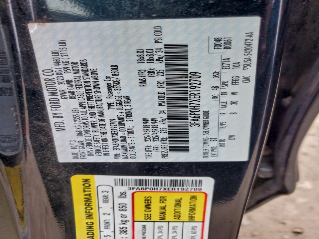 2014 Ford Fusion Se VIN: 3FA6P0H7XER192709 Lot: 93298935