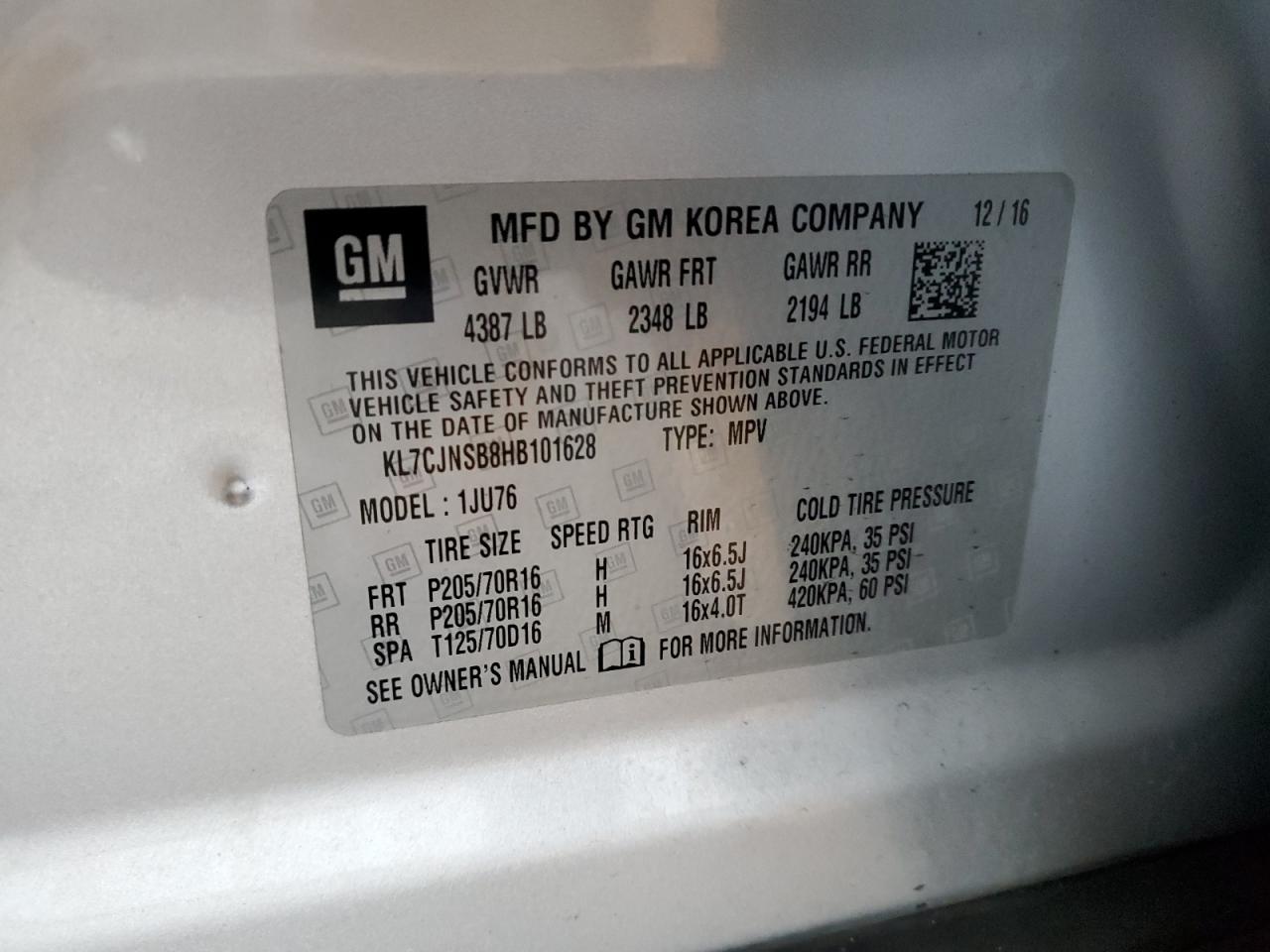 2017 Chevrolet Trax Ls VIN: KL7CJNSB8HB101628 Lot: 92804675