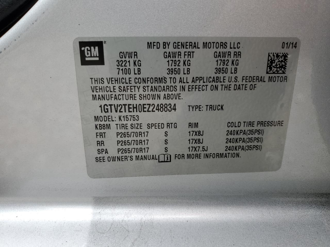 2014 GMC Sierra K1500 VIN: 1GTV2TEH0EZ248834 Lot: 92822225