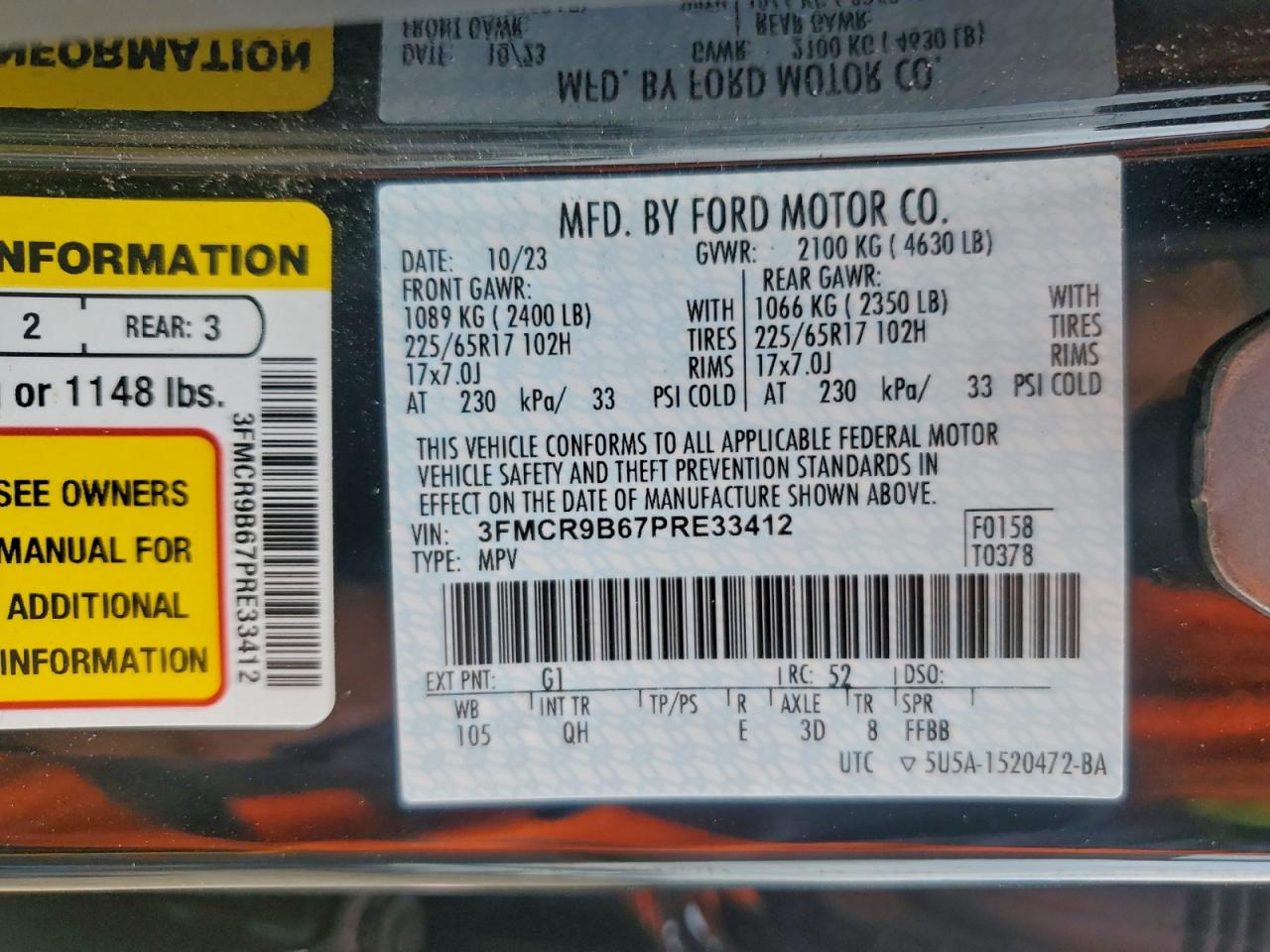 2023 Ford Bronco Sport Big Bend VIN: 3FMCR9B67PRE33412 Lot: 94084035