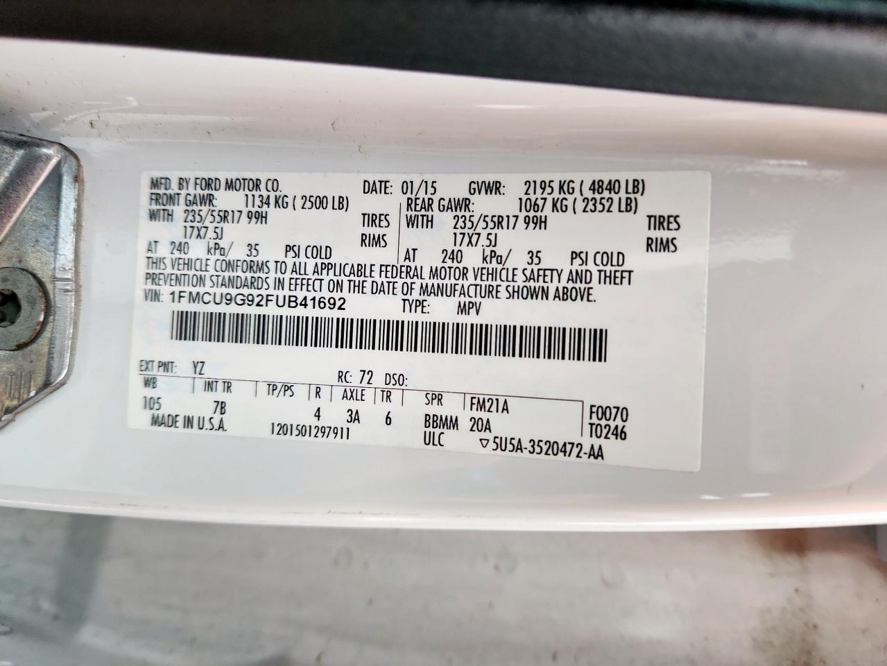 2015 Ford Escape Se VIN: 1FMCU9G92FUB41692 Lot: 93436435