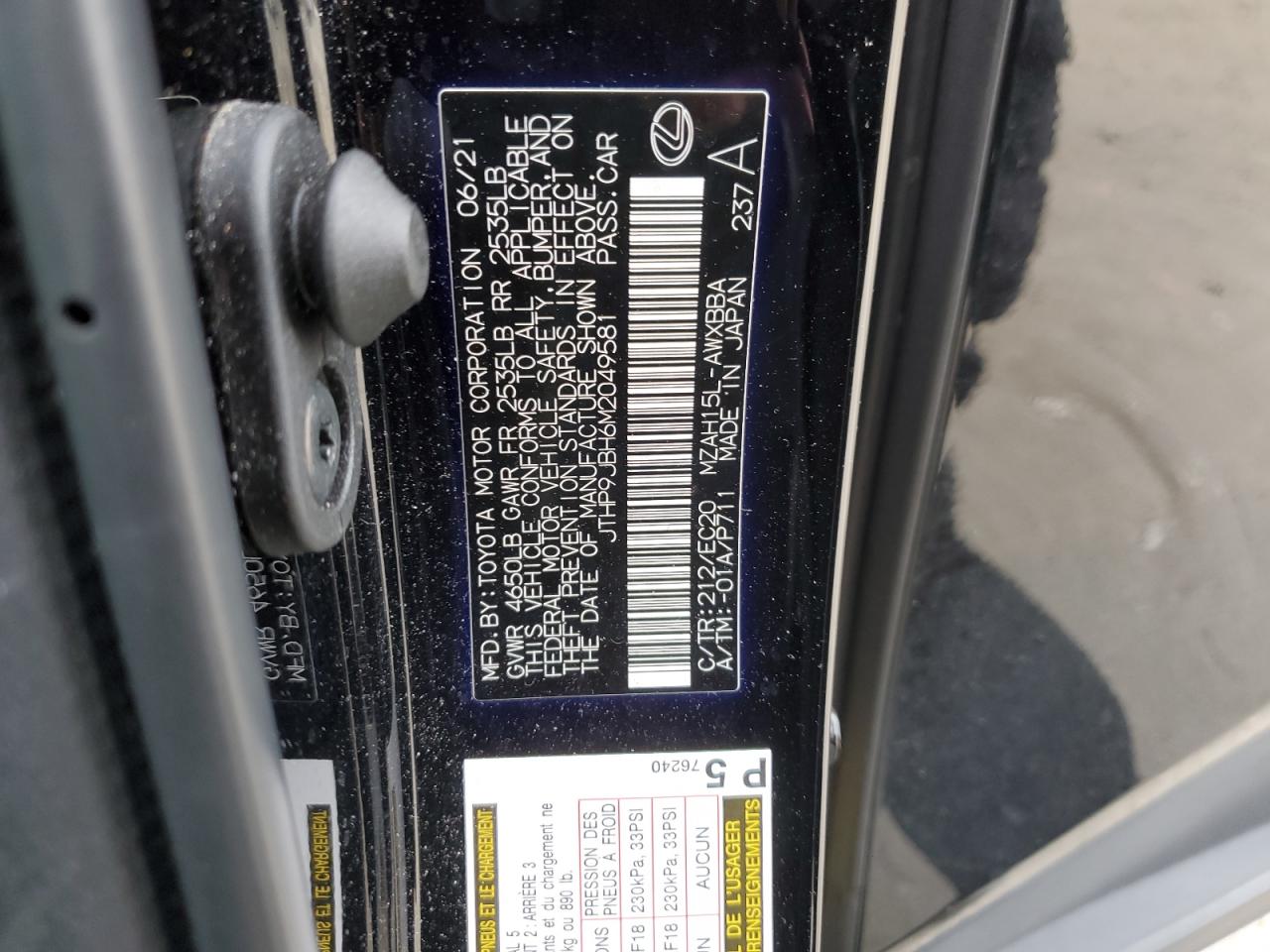 2021 Lexus Ux 250H VIN: JTHP9JBH6M2049581 Lot: 93242785