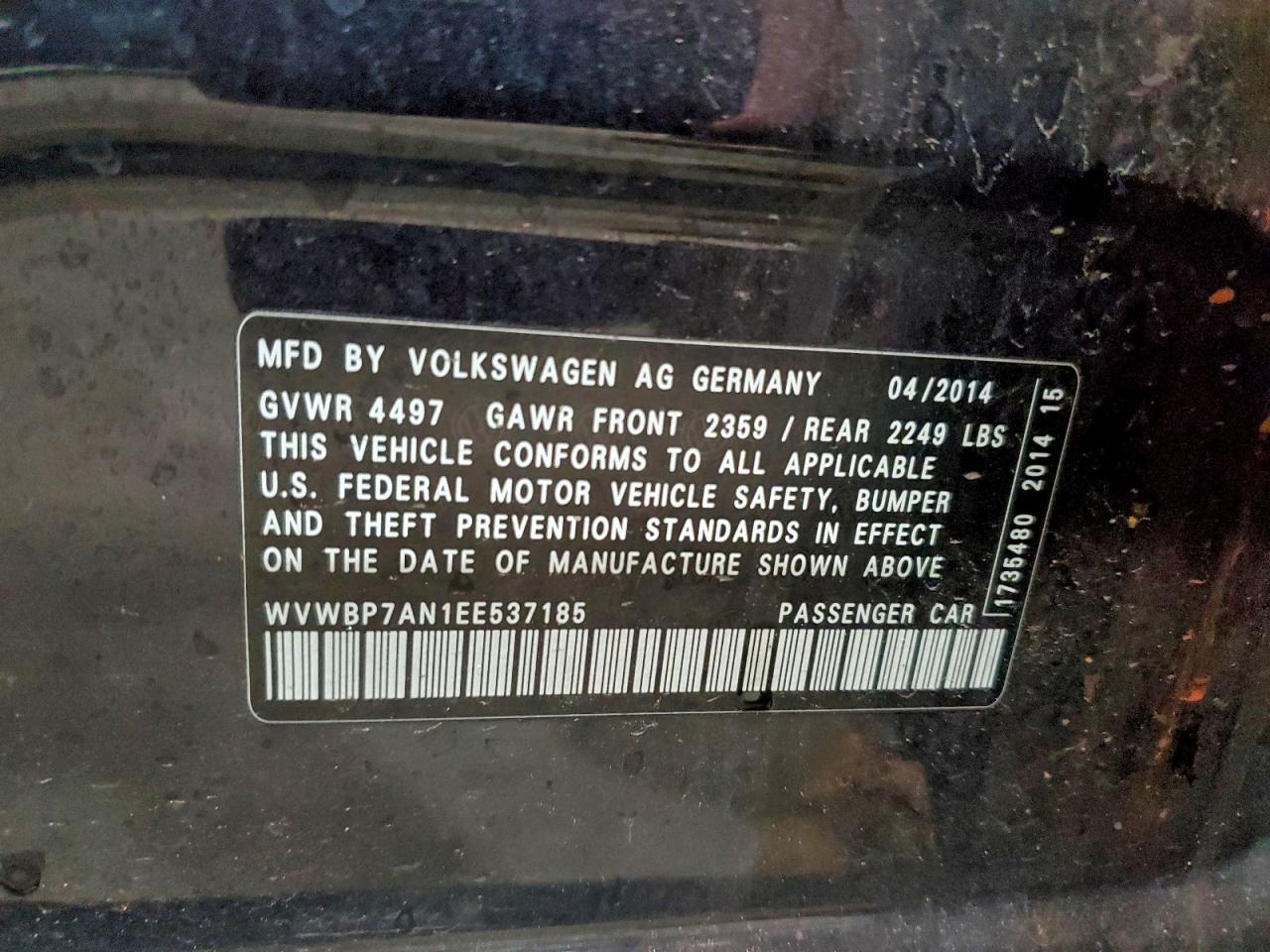 2014 Volkswagen Cc Sport VIN: WVWBP7AN1EE537185 Lot: 94949685