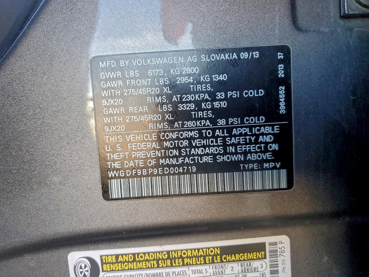 2014 Volkswagen Touareg V6 VIN: WVGDF9BP9ED004719 Lot: 94344025