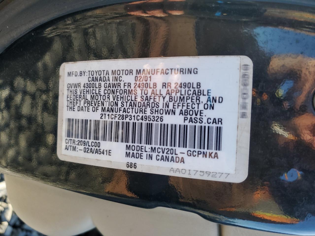 2001 Toyota Camry Solara Se VIN: 2T1CF28P31C495326 Lot: 91970885