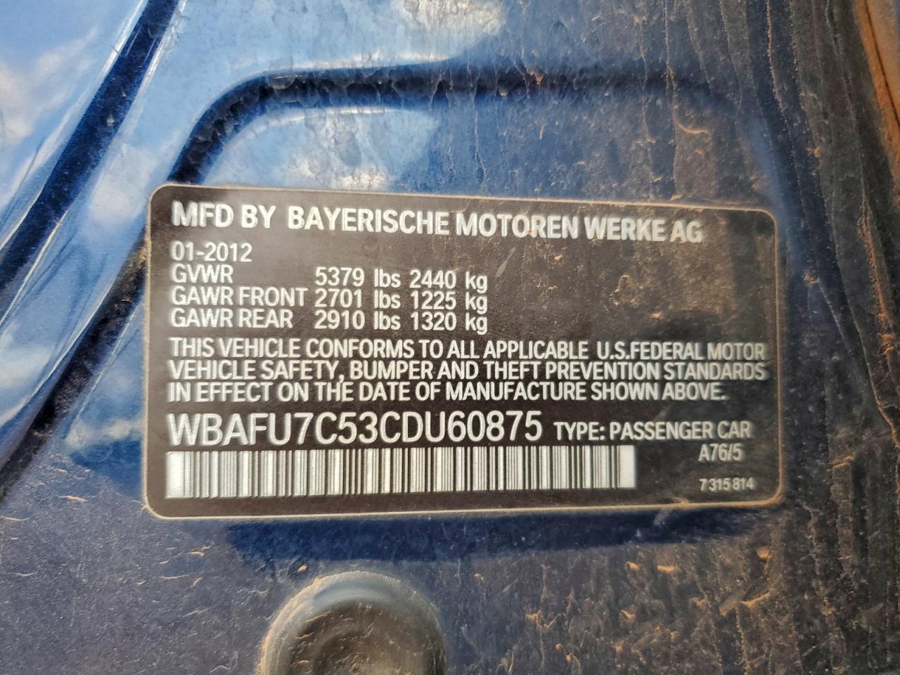 2012 BMW 535 Xi VIN: WBAFU7C53CDU60875 Lot: 93938445