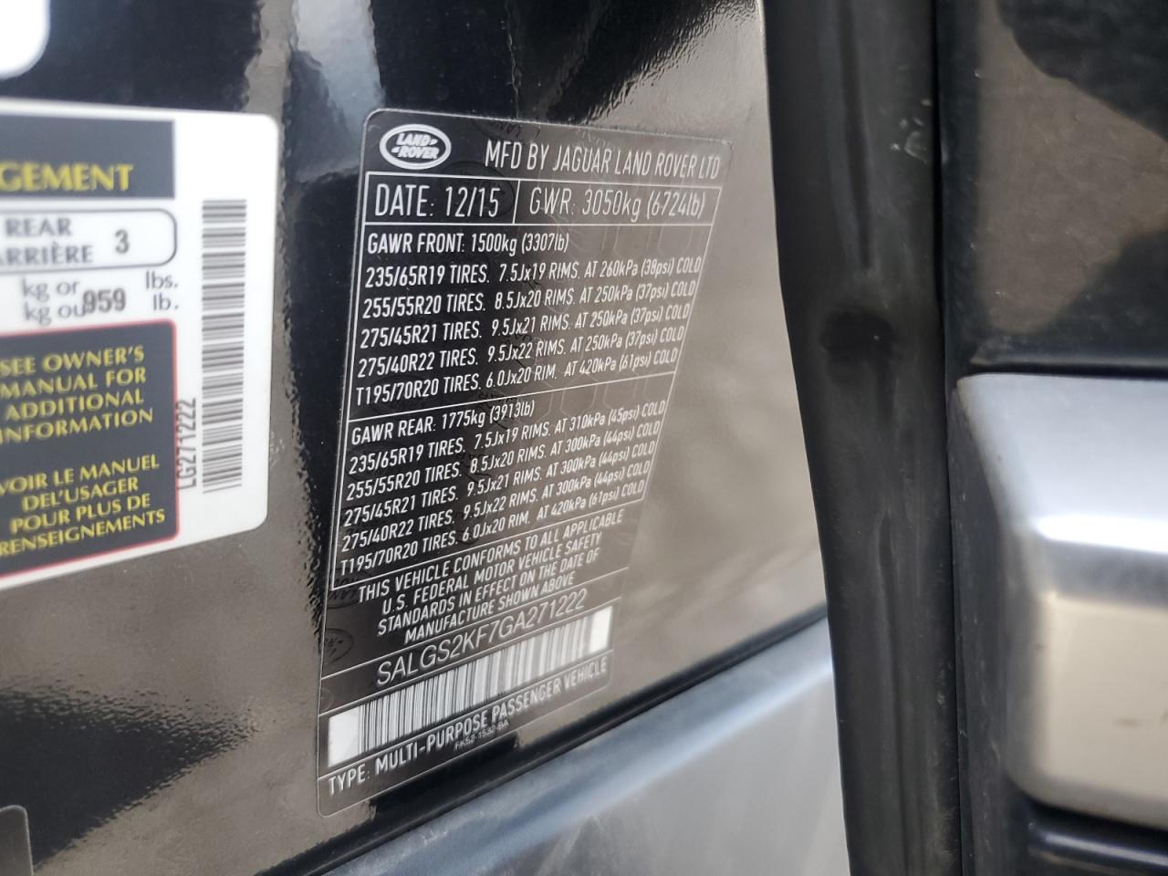 2016 Land Rover Range Rover Hse VIN: SALGS2KF7GA271222 Lot: 92630255