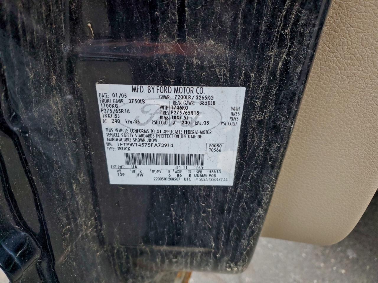 2005 Ford F150 Supercrew VIN: 1FTPW14575FA73914 Lot: 94258985