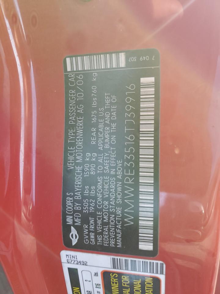 2006 Mini Cooper S VIN: WMWRE33516TJ39916 Lot: 91089485