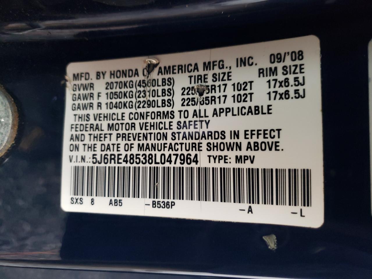 2008 Honda Cr-V Ex VIN: 5J6RE48538L047964 Lot: 91886375
