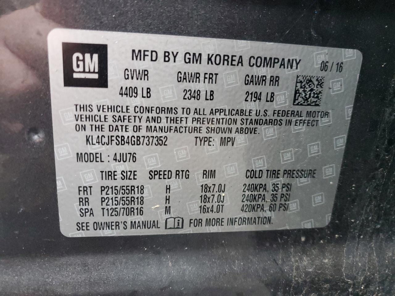 2016 Buick Encore Convenience VIN: KL4CJFSB4GB737352 Lot: 92991585