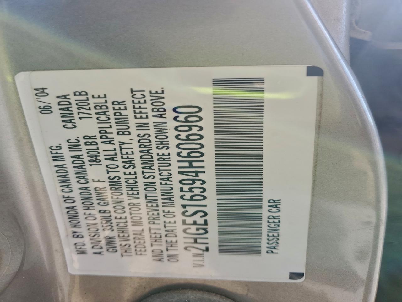 2004 Honda Civic Lx VIN: 2HGES16594H606960 Lot: 93816465