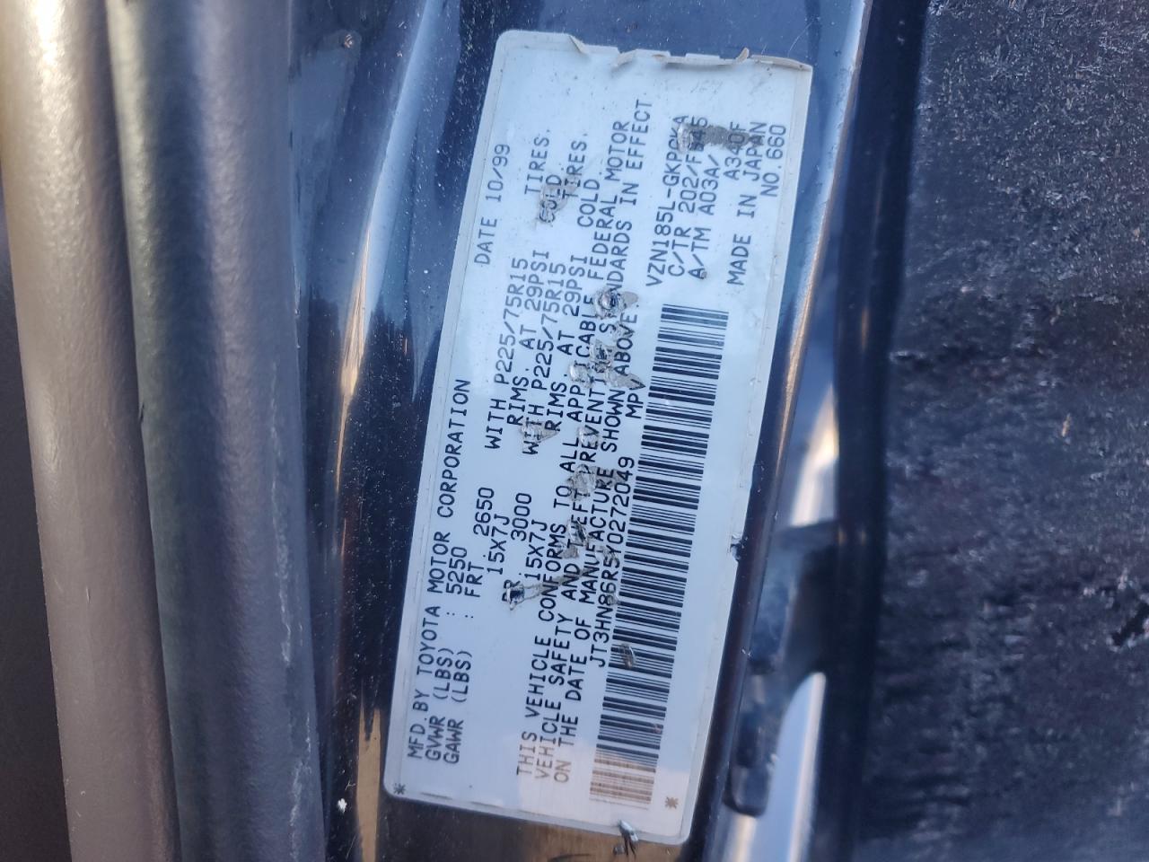 2000 Toyota 4Runner Sr5 VIN: JT3HN86R5Y0272049 Lot: 92718945