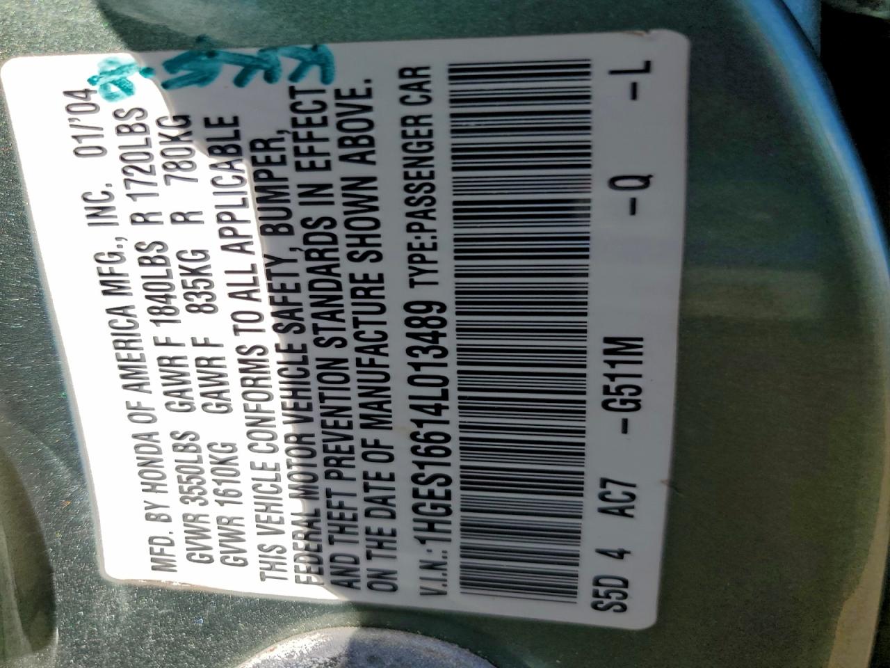 2004 Honda Civic Lx VIN: 1HGES16614L013489 Lot: 93769755