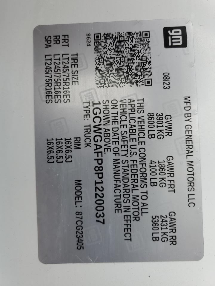 2023 Chevrolet Express G2 Delivery Van VIN: 1GCWGAFP8P1220037 Lot: 93413505