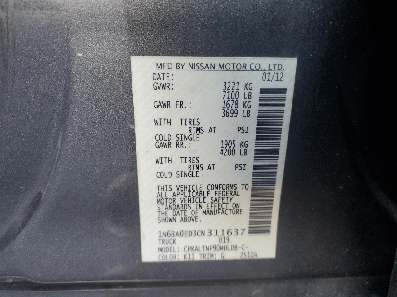 2012 Nissan Titan S VIN: 1N6BA0ED3CN311637 Lot: 93175315