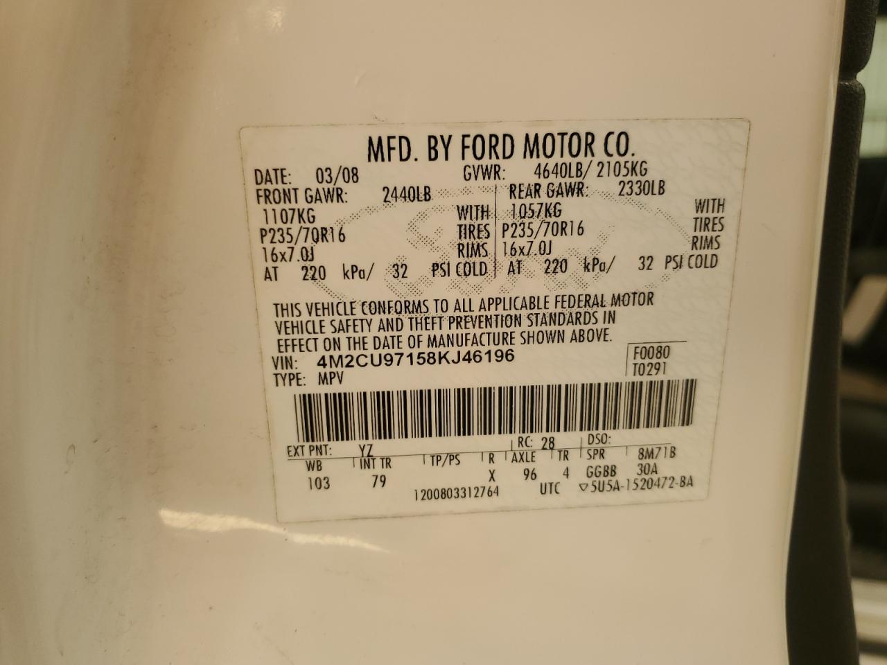 2008 Mercury Mariner Premier VIN: 4M2CU97158KJ46196 Lot: 93373415