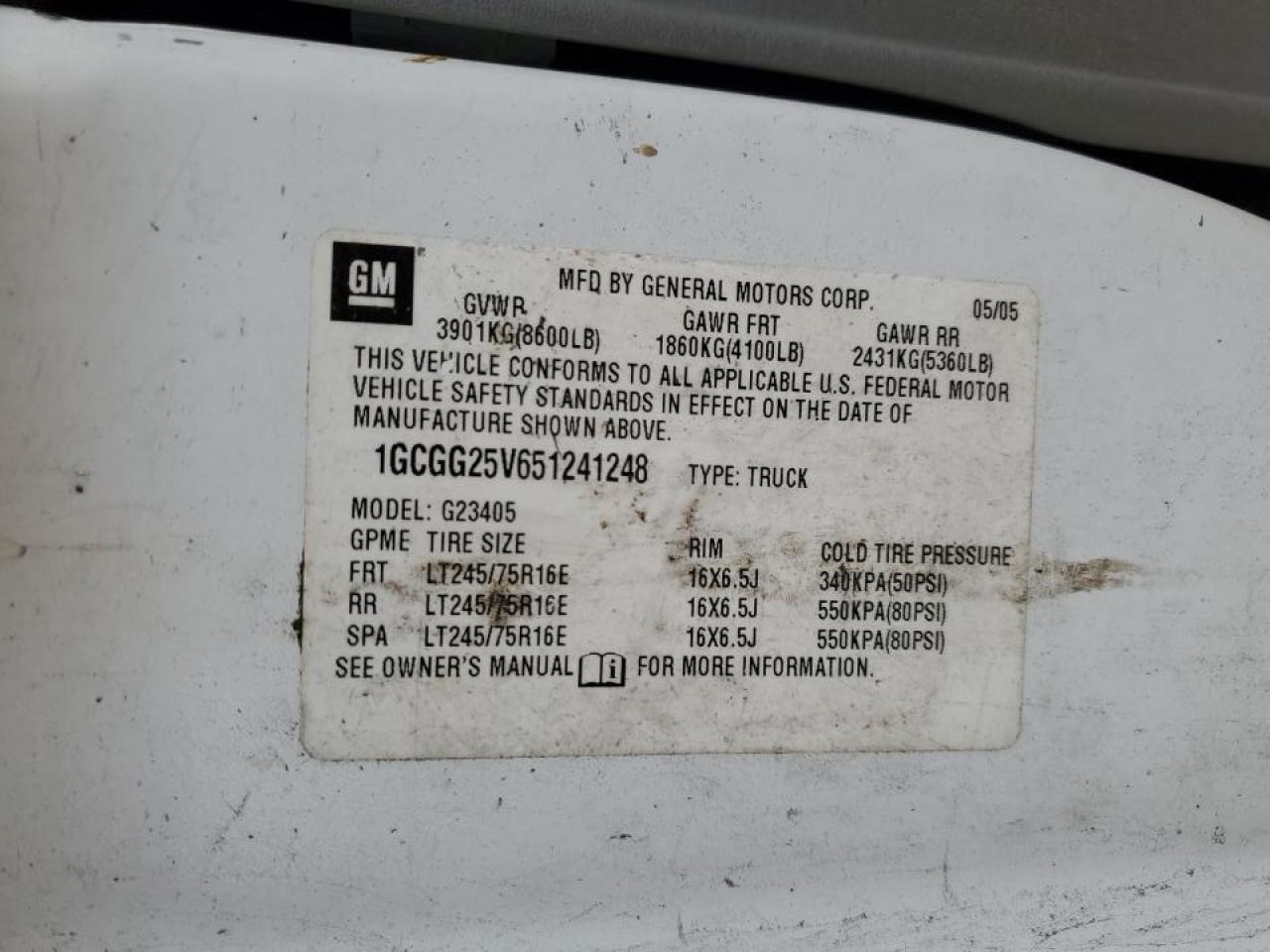 2005 Chevrolet G2500 Chevy Express VIN: 1GCGG25V651241248 Lot: 91234285