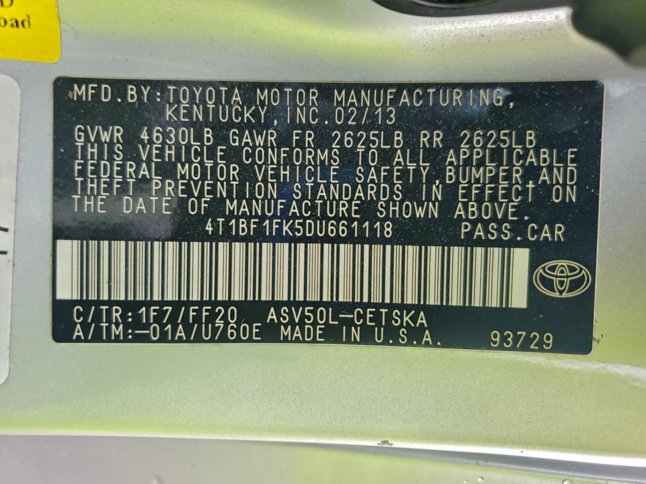 2013 Toyota Camry L VIN: 4T1BF1FK5DU661118 Lot: 93765925