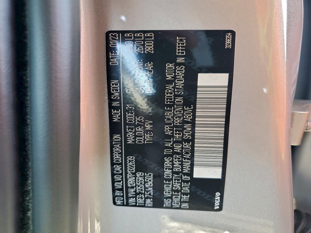 2023 Volvo Xc60 Plus VIN: YV4L12RN7P1322639 Lot: 93918875