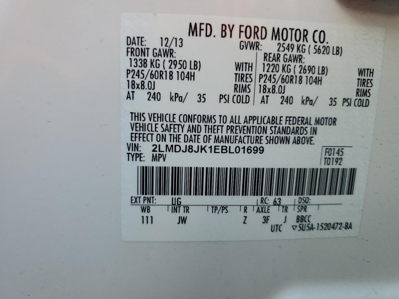 2014 Lincoln Mkx VIN: 2LMDJ8JK1EBL01699 Lot: 92986865