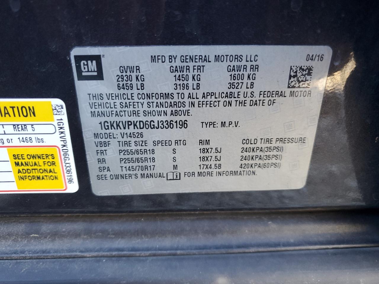 2016 GMC Acadia Sle VIN: 1GKKVPKD6GJ336196 Lot: 91853275