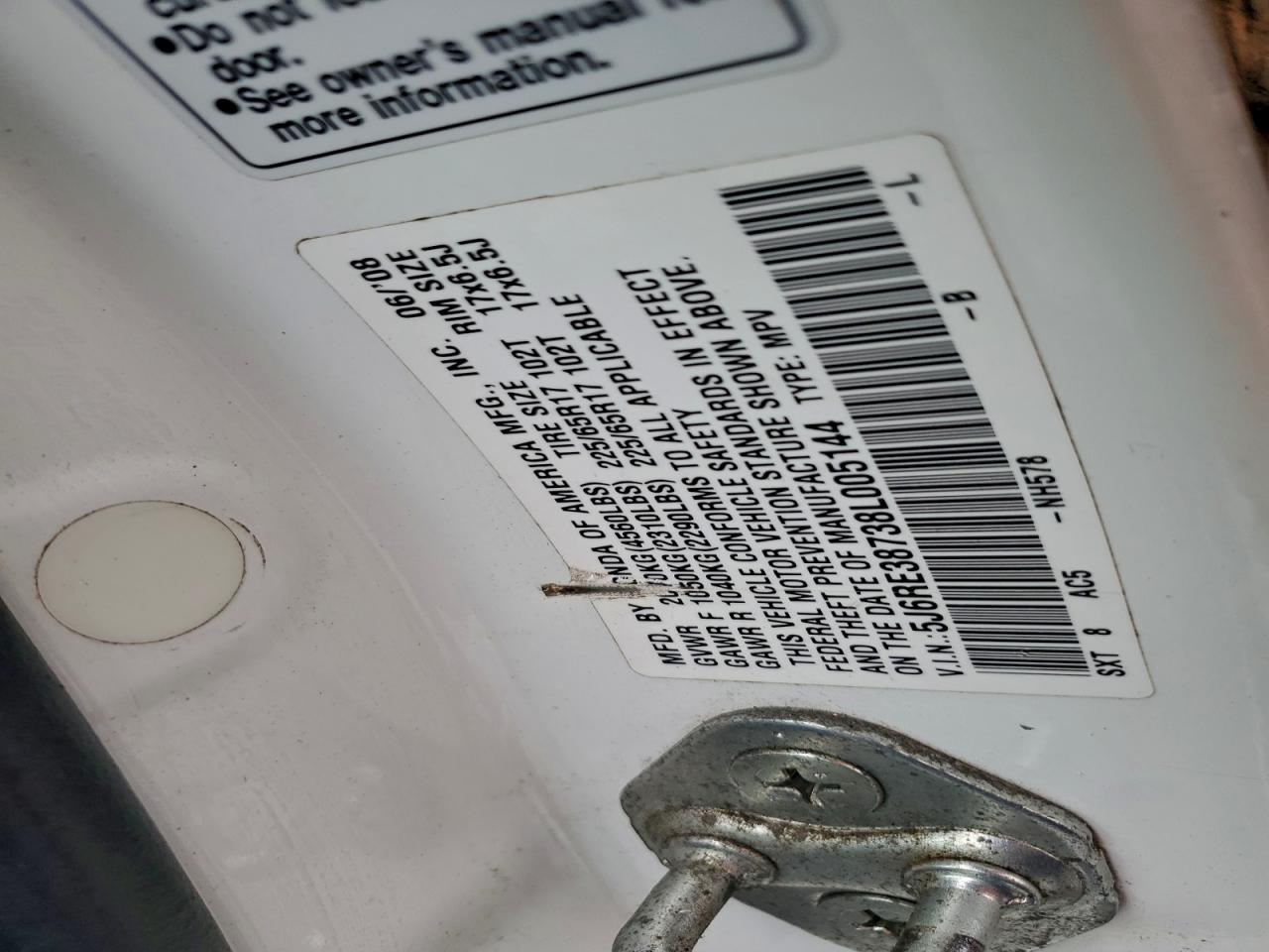 2008 Honda Cr-V Exl VIN: 5J6RE38738L005144 Lot: 94338225