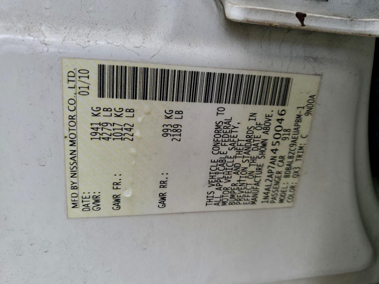 2010 Nissan Altima Base VIN: 1N4AL2AP7AN450046 Lot: 93950845