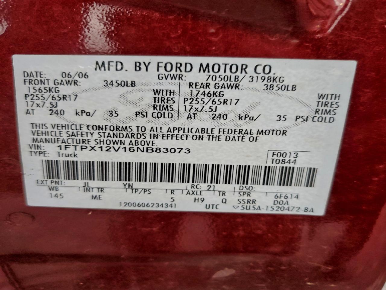 2006 Ford F150 VIN: 1FTPX12V16NB83073 Lot: 94180495