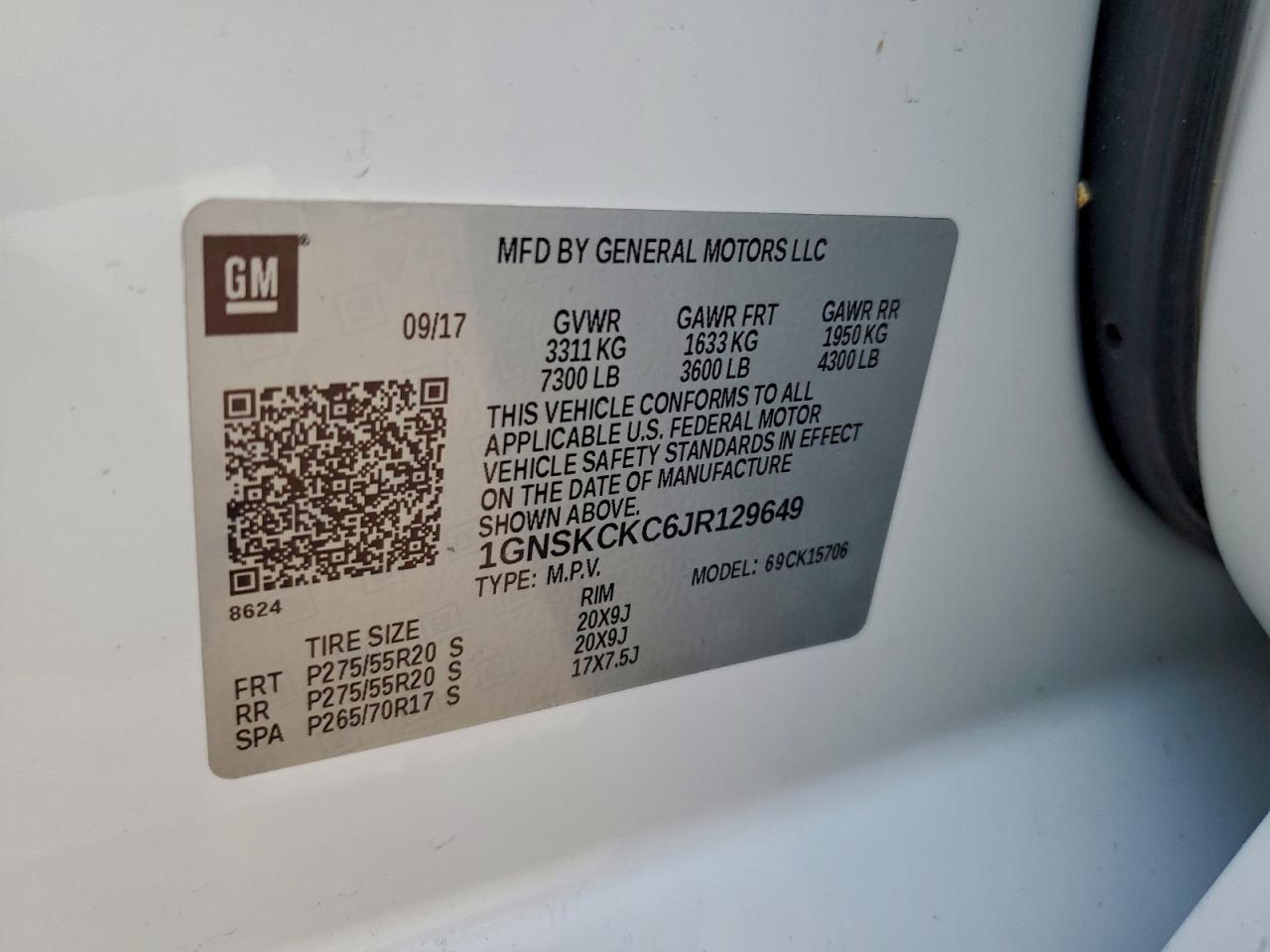 2018 Chevrolet Tahoe K1500 Premier VIN: 1GNSKCKC6JR129649 Lot: 94143355