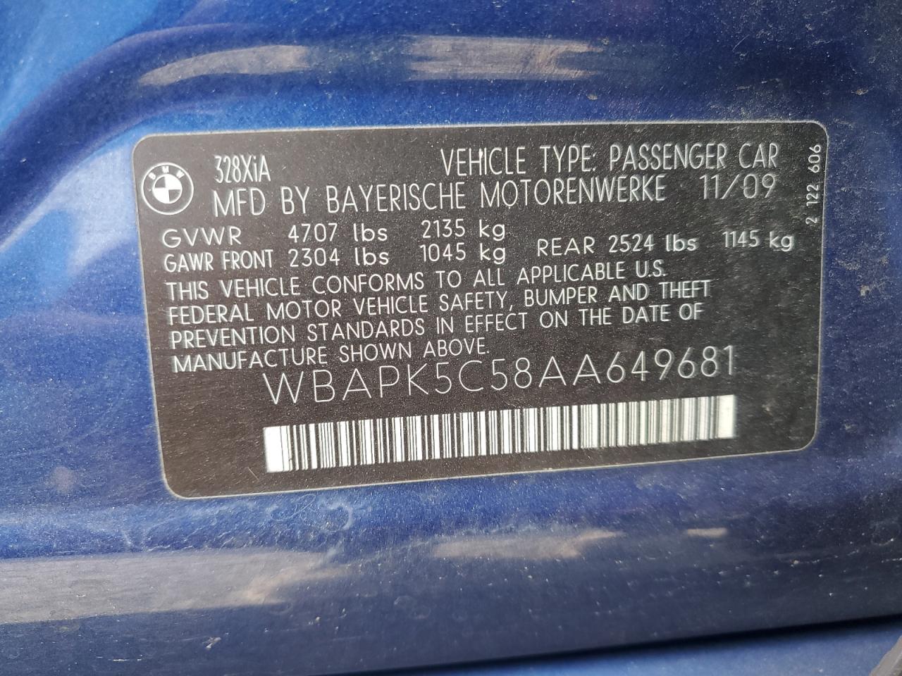 2010 BMW 328 Xi Sulev VIN: WBAPK5C58AA649681 Lot: 93403755