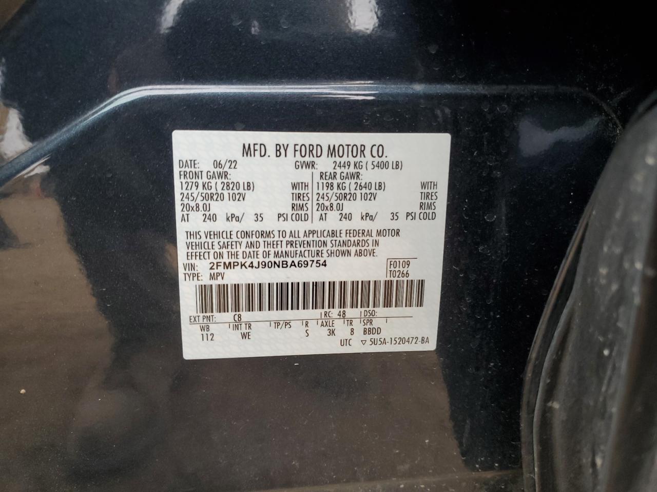 2022 Ford Edge Sel VIN: 2FMPK4J90NBA69754 Lot: 92671595