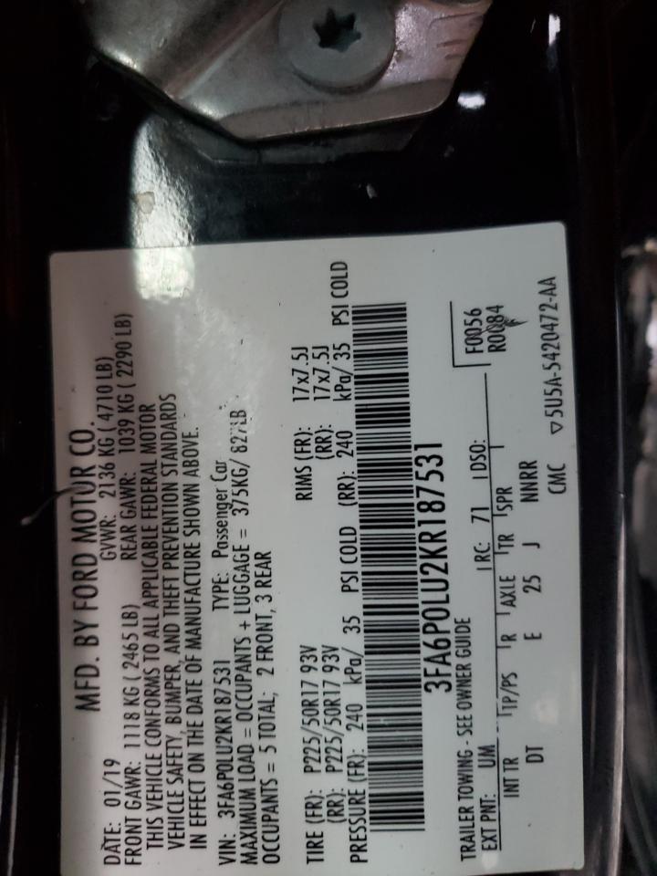 2019 Ford Fusion Se VIN: 3FA6P0LU2KR187531 Lot: 92135835