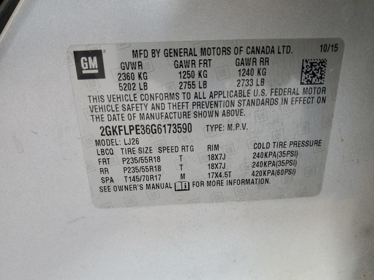 2016 GMC Terrain Slt VIN: 2GKFLPE36G6173590 Lot: 91000595