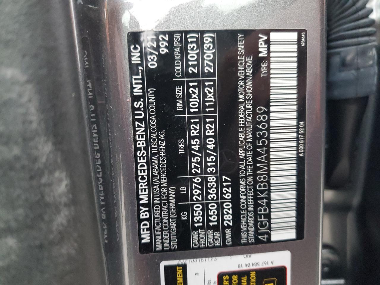 2021 Mercedes-Benz Gle 350 4Matic VIN: 4JGFB4KB8MA453689 Lot: 91014195