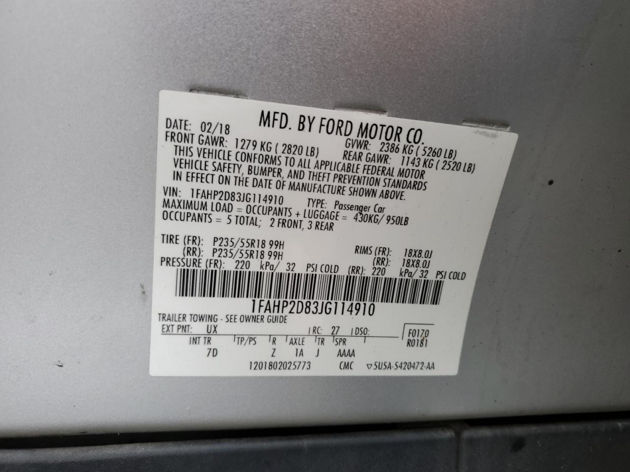 2018 Ford Taurus Se VIN: 1FAHP2D83JG114910 Lot: 93323675