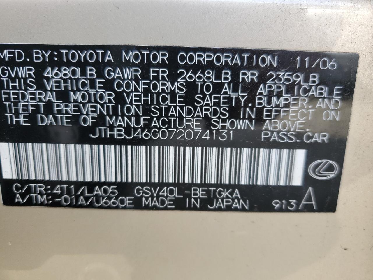 2007 Lexus Es 350 VIN: JTHBJ46G072074131 Lot: 91363135