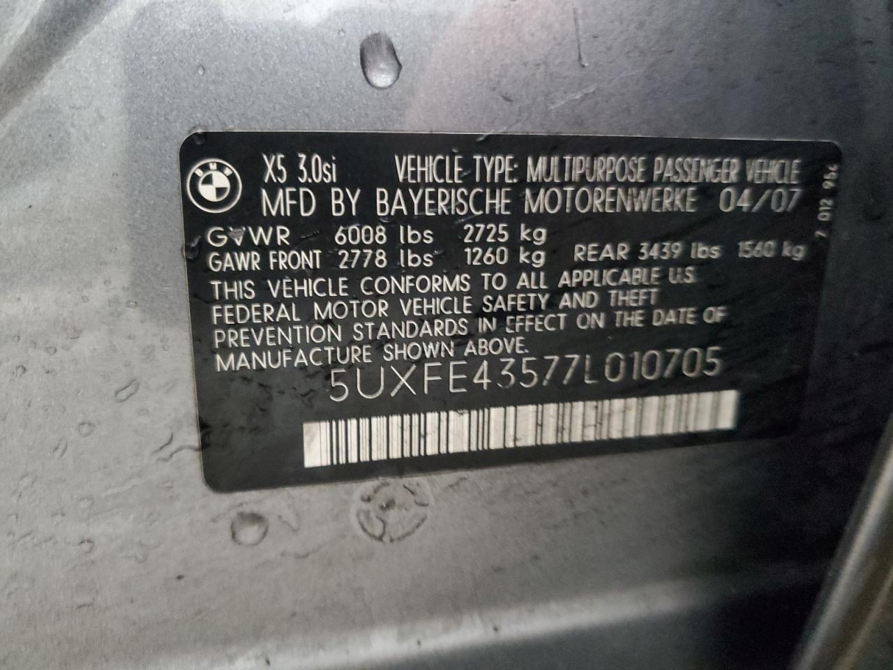 2007 BMW X5 3.0I VIN: 5UXFE43577L010705 Lot: 93282145