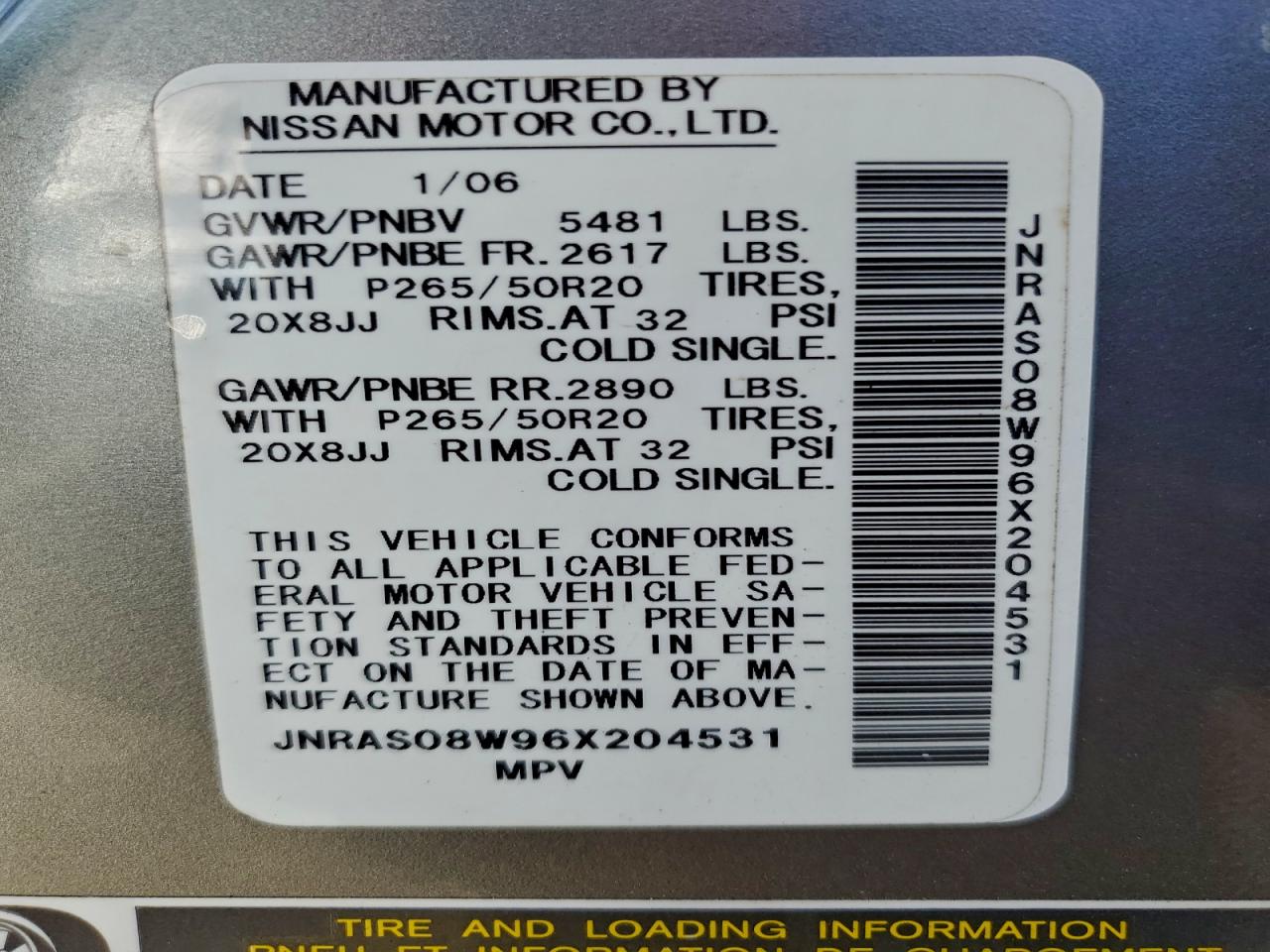 2006 Infiniti Fx35 VIN: JNRAS08W96X204531 Lot: 93436055