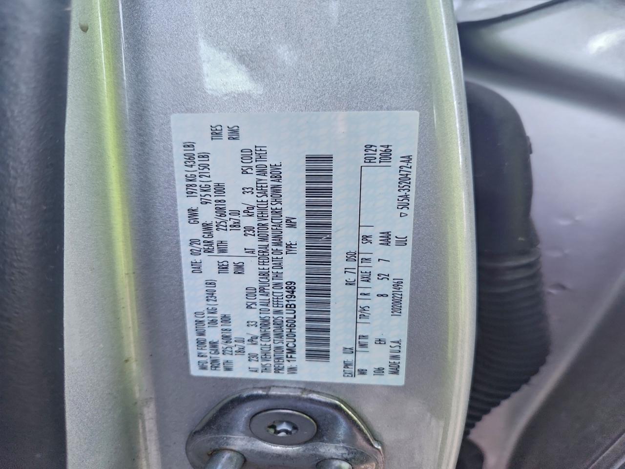 2020 Ford Escape Sel VIN: 1FMCU0H60LUB19489 Lot: 93667125