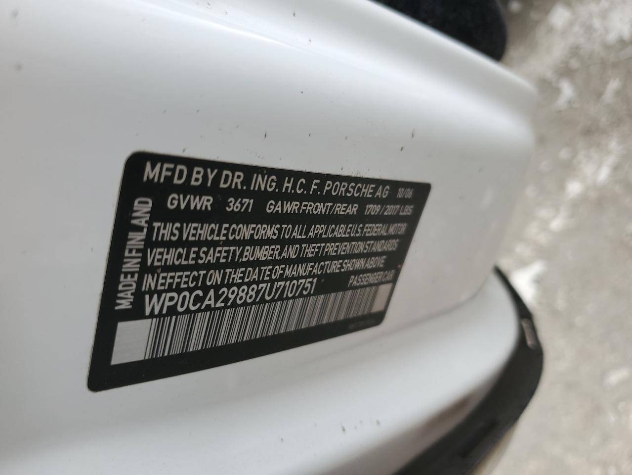 2007 Porsche Boxster VIN: WP0CA29887U710751 Lot: 93974535