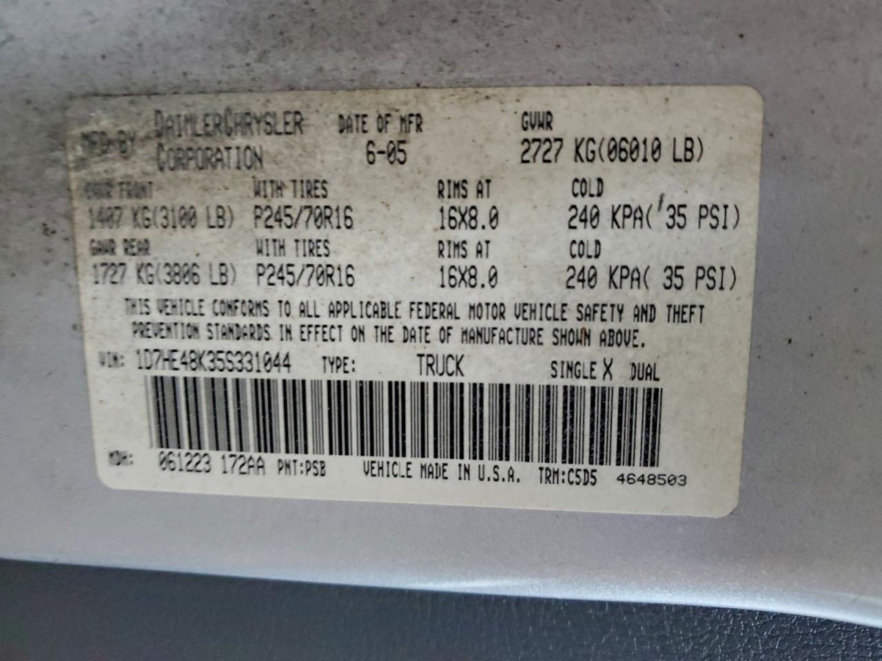 2005 Dodge Dakota Quad Slt VIN: 1D7HE48K35S331044 Lot: 93720555