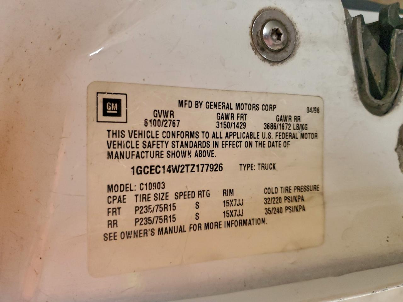 1996 Chevrolet Gmt-400 C1500 VIN: 1GCEC14W2TZ177926 Lot: 93827875